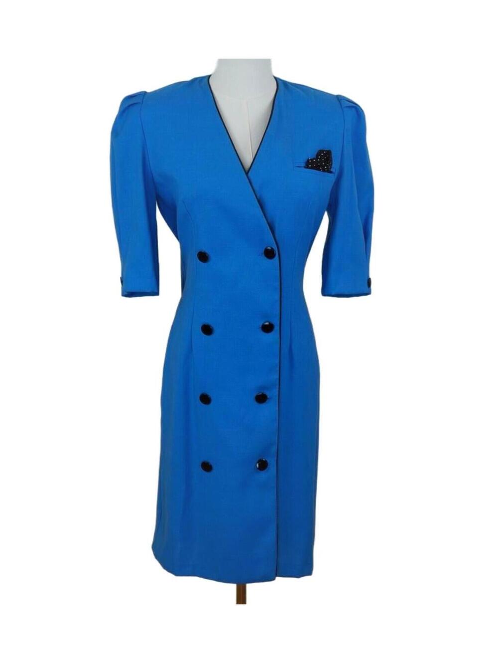 Vintage 80s Braemar Petites Diana Charles Blue Double Breasted Dress‎ 5/6